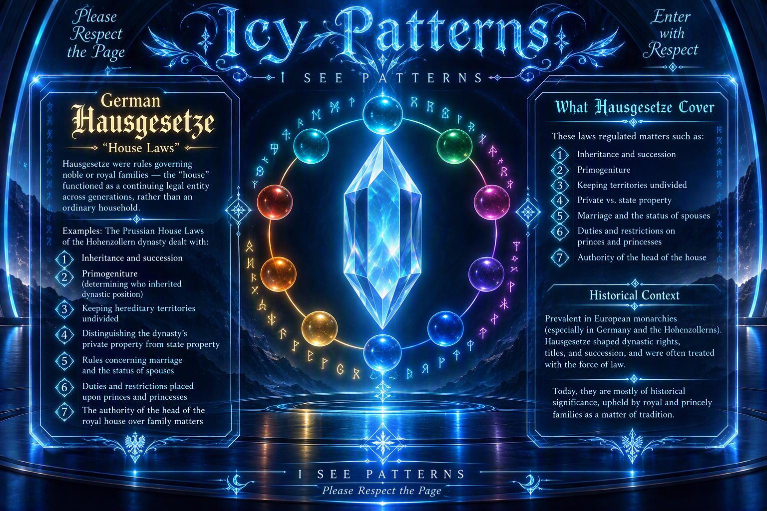 Icy Patterns — German Hausgesetze, the House Laws: the house as a continuing legal entity across generations, and the seven matters its laws govern.