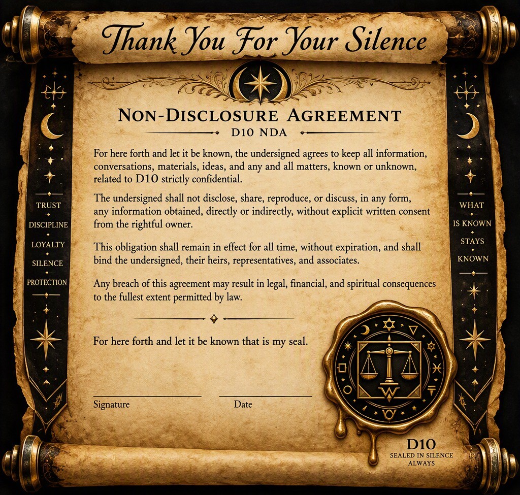 The D10 Non-Disclosure Agreement scroll — Thank You For Your Silence — front and back in one, sealed with Wade's scales seal